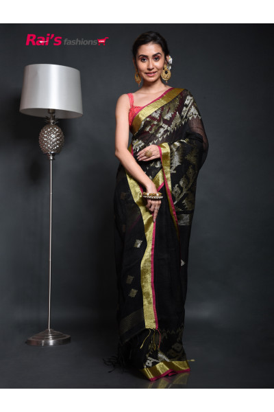 Natural Fabric Linen By Linen Saree With Dhakai Pattern Golden Zari Weaving Border And Butta Designed Work Pallu (RAI201001321)